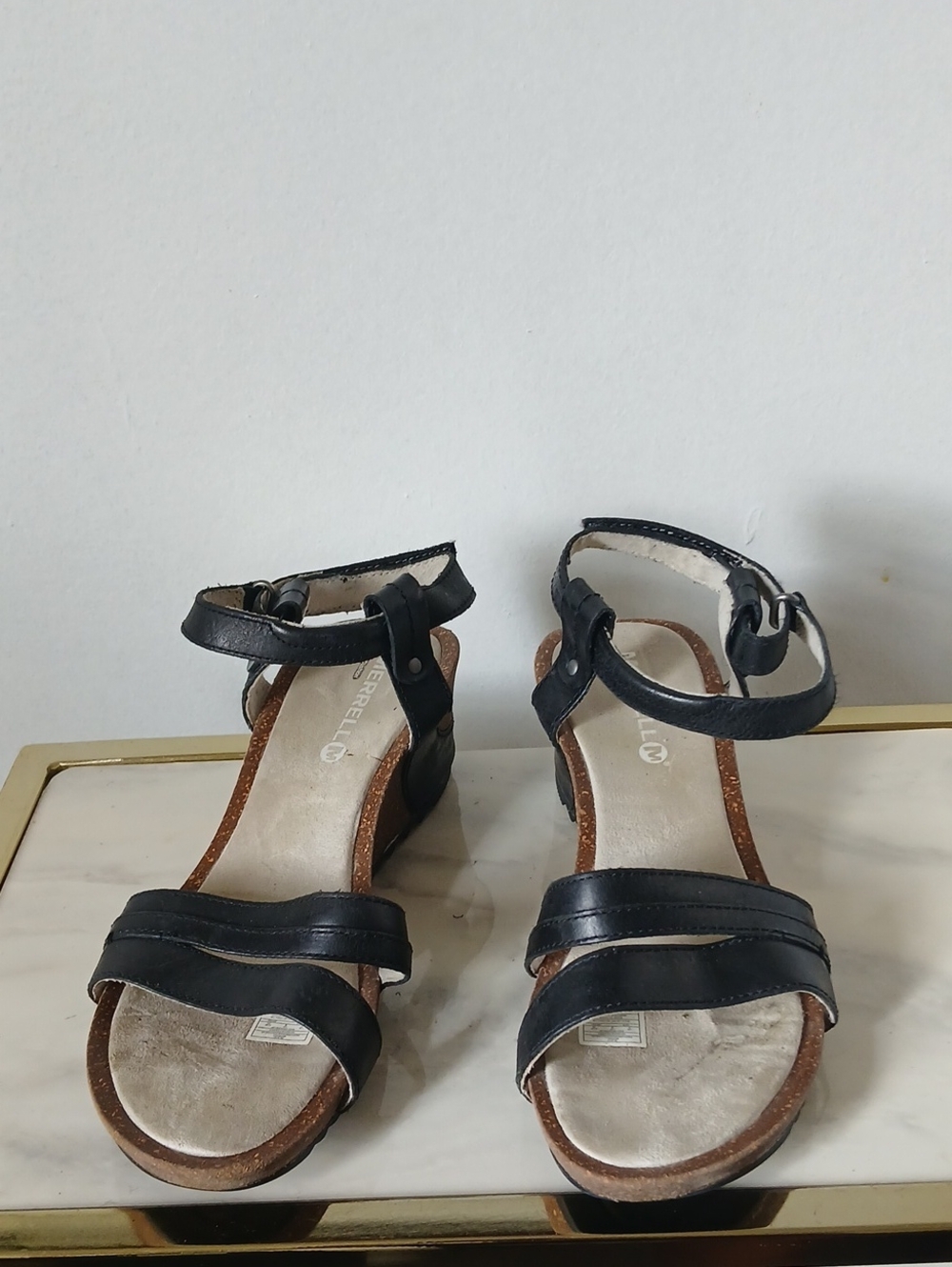 Merrell Black and Brown Leather Ankle-Strap Wedge Sandals